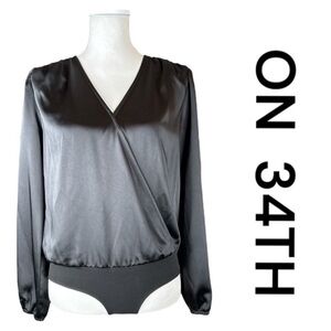 ON 34TH Satiny Long Sleeve Bodysuit, Wrap Front w/Hook & Eye Closure, Size XS.
